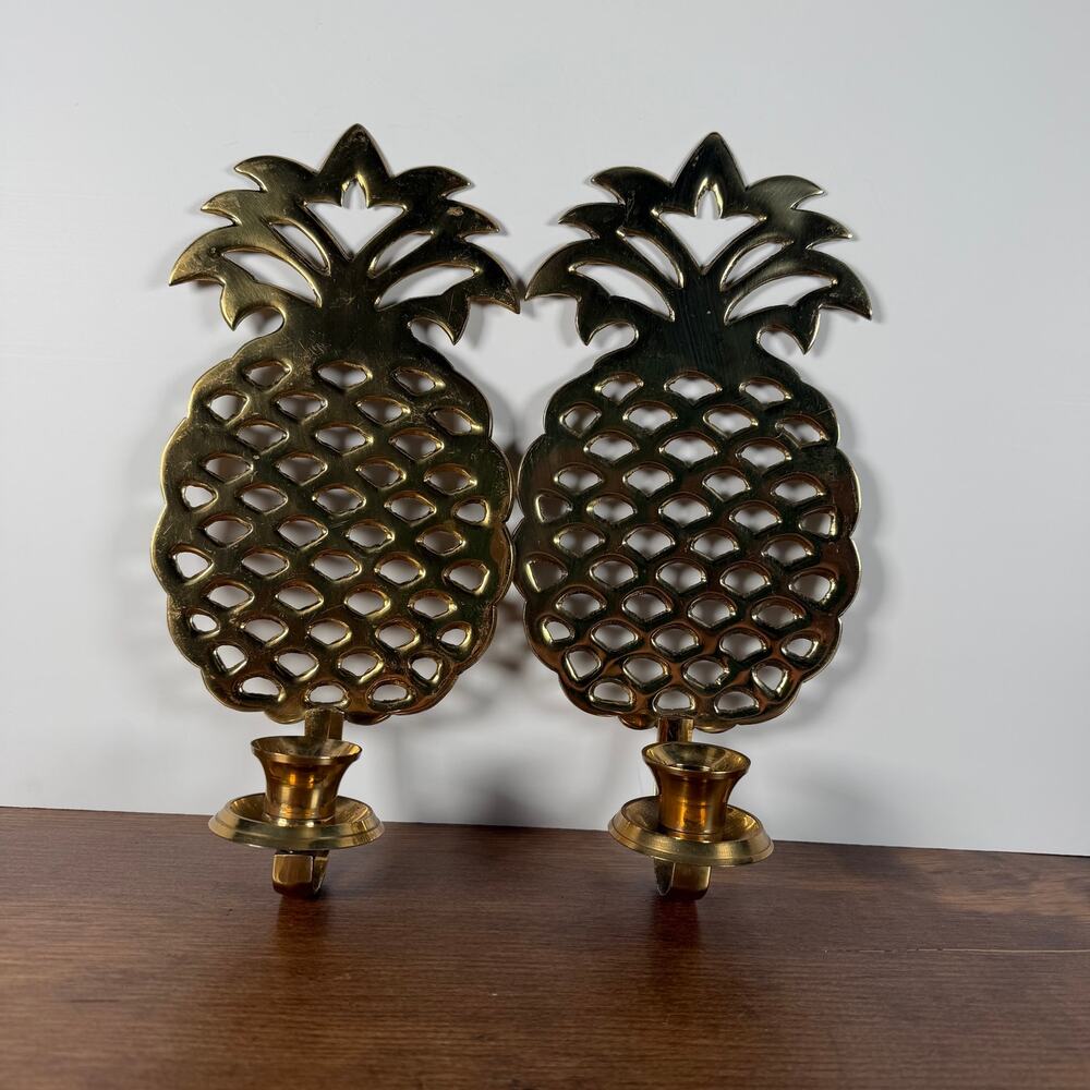 Vintage Brass Pineapple Wall Sconces, Pair of 10" Lattice Candle Holders